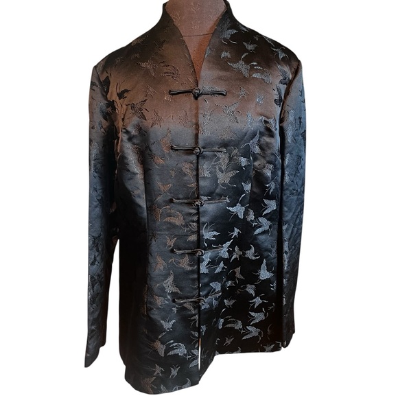 Vintage Jackets & Blazers - Vintage Black Satin Butterfly Brocade Mandarin Jacket Women’s Medium